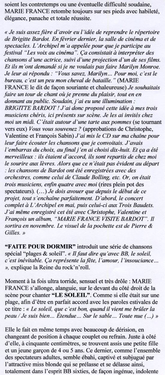 "MARIE FRANCE visite BARDOT" 28/08/2009 Trois Baudets à Paris : compte-rendu 090904064506393754383778
