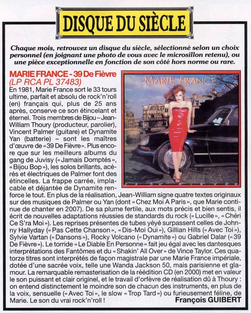 Le 33 tours "39 DE FIEVRE" de MARIE FRANCE par SERENA FIANI sur FRANCE INTER (11 nov. 2010) 091115045400853864866914