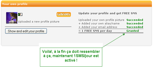 Talksms : 1 SMS gratuit/jour, 7 jours = 7 SMS 091201071420795644970351